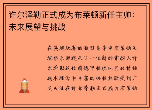 许尔泽勒正式成为布莱顿新任主帅：未来展望与挑战