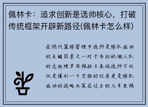 佩林卡：追求创新是选帅核心，打破传统框架开辟新路径(佩林卡怎么样)