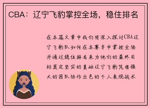 CBA：辽宁飞豹掌控全场，稳住排名