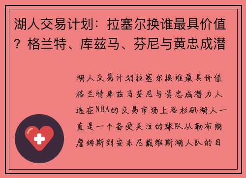 湖人交易计划：拉塞尔换谁最具价值？格兰特、库兹马、芬尼与黄忠成潜力人选