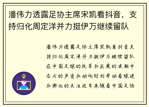 潘伟力透露足协主席宋凯看抖音，支持归化周定洋并力挺伊万继续留队
