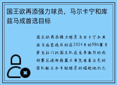 国王欲再添强力球员，马尔卡宁和库兹马成首选目标