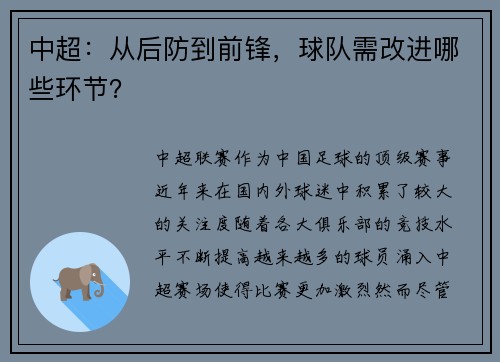 中超：从后防到前锋，球队需改进哪些环节？